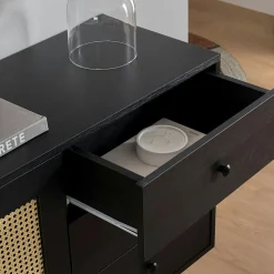 Buffet noir bohème avec cannage, 2 portes 3 tiroirs VAREN