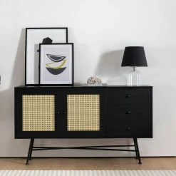 Buffet noir bohème avec cannage, 2 portes 3 tiroirs VAREN