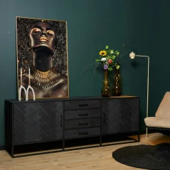 Buffet noir en bois 2 portes motif chevron 210 cm ALVERA