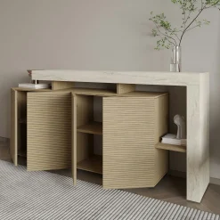 Buffet 4 portes décor bois et travertin cadre ouvert AURA