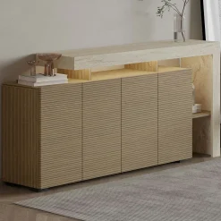 Buffet 4 portes décor bois et travertin cadre ouvert AURA