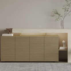 Buffet 4 portes décor bois et travertin cadre ouvert AURA