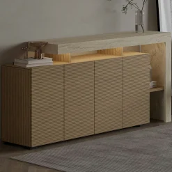 Buffet 4 portes décor bois et travertin cadre ouvert AURA