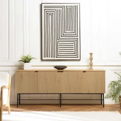 Buffet 4 portes décor effet bois rainuré noir et naturel OLETTA