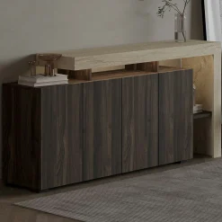 Buffet 4 portes décor noyer et travertin cadre ouvert AURA