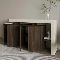 Buffet 4 portes décor noyer et travertin cadre ouvert AURA