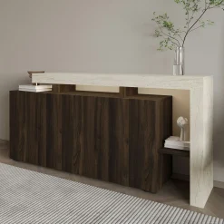 Buffet 4 portes décor noyer et travertin cadre ouvert AURA