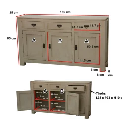 Buffet 3 portes exotique hévéa 150cm HELENA