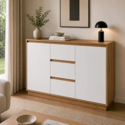 Buffet 2 portes 3 tiroirs décor bois et blanc ALVA