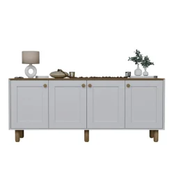 Buffet salle à manger blanc avec plateau effet noyer VAREN
