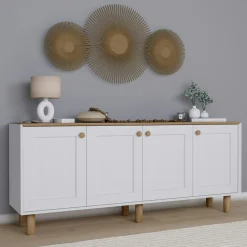 Buffet salle à manger blanc avec plateau effet noyer VAREN