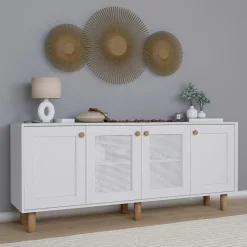 Buffet salle à manger blanc avec détail cannage VAREN