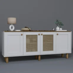 Buffet salle à manger blanc, cannage et effet noyer VAREN