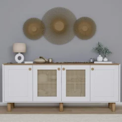 Buffet salle à manger blanc, cannage et effet noyer VAREN