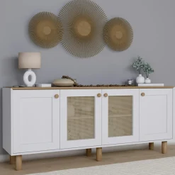 Buffet salle à manger blanc, cannage et effet noyer VAREN