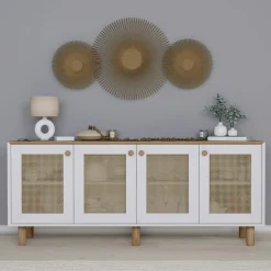 Buffet salle à manger blanc, cannage et effet noyer clair VAREN