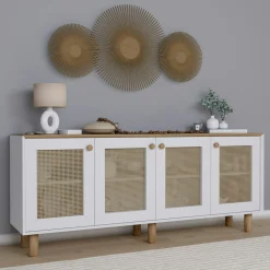 Buffet salle à manger blanc, cannage et effet noyer clair VAREN
