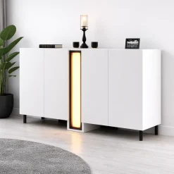 Buffet salle à manger blanc 4 portes colonne LED AURA