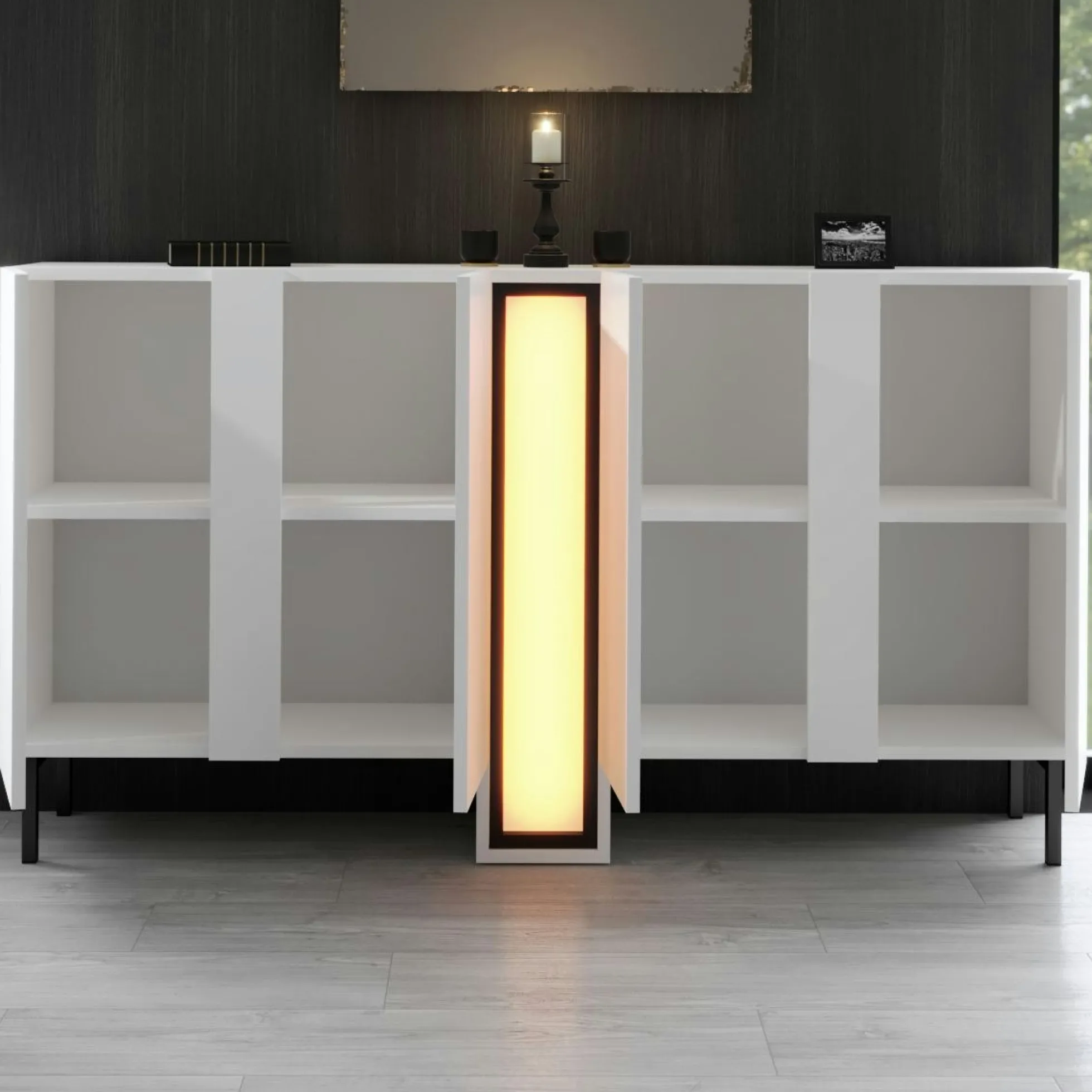Buffet salle à manger blanc 4 portes colonne LED AURA