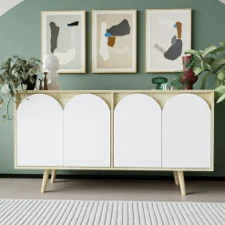 Buffet salle à manger effet bois 4 portes courbes blanches VAREN