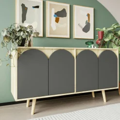 Buffet salle à manger effet bois 4 portes courbes grises VAREN