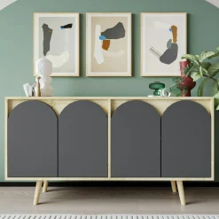 Buffet salle à manger effet bois 4 portes courbes grises VAREN