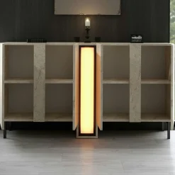 Buffet salle à manger 4 portes décor travertin colonne LED AURA