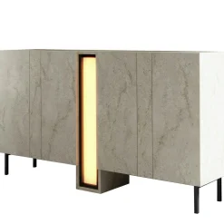 Buffet salle à manger 4 portes décor travertin colonne LED AURA