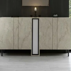 Buffet salle à manger 4 portes décor travertin colonne LED AURA