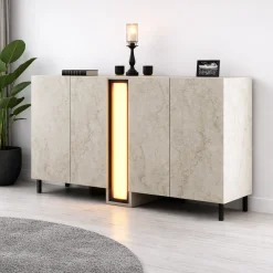 Buffet salle à manger 4 portes décor travertin colonne LED AURA