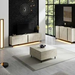 Buffet salle à manger 4 portes LED décor travertin AURA