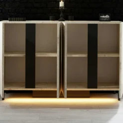Buffet salle à manger 4 portes LED décor travertin AURA
