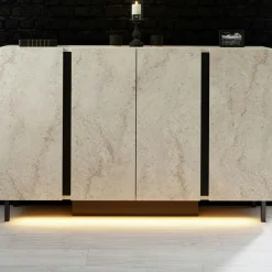 Buffet salle à manger 4 portes LED décor travertin AURA