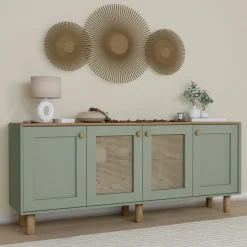Buffet salle à manger vert sauge, cannage et effet bois VAREN