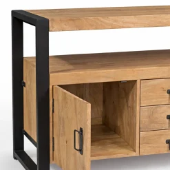 Buffet salon bois clair métal noir 2 portes 3 tiroirs MILORA