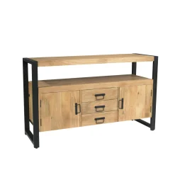 Buffet salon bois clair métal noir 2 portes 3 tiroirs MILORA