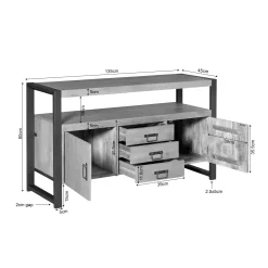 Buffet salon bois clair métal noir 2 portes 3 tiroirs MILORA