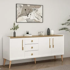 Buffet scandinave blanc et effet bois avec 3 tiroirs MARFA