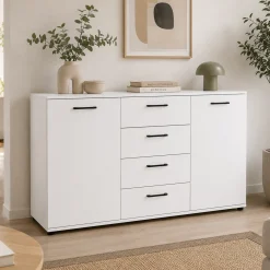Buffet étroit blanc 2 portes 4 tiroirs ALVA