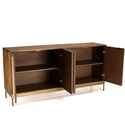 Buffet vintage manguier 4 portes motifs losanges pieds métal doré KANHA