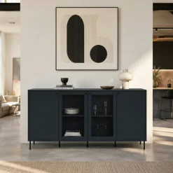 Buffet vitrine moderne bleu sombre 4 portes RAVEN