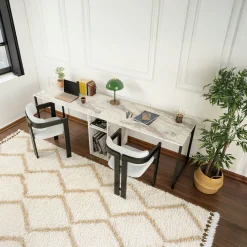 Bureau double avec rangement central - plateau effet marbre MARFA