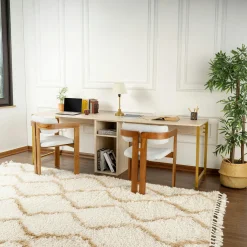Bureau double avec rangement central - plateau effet travertin MARFA