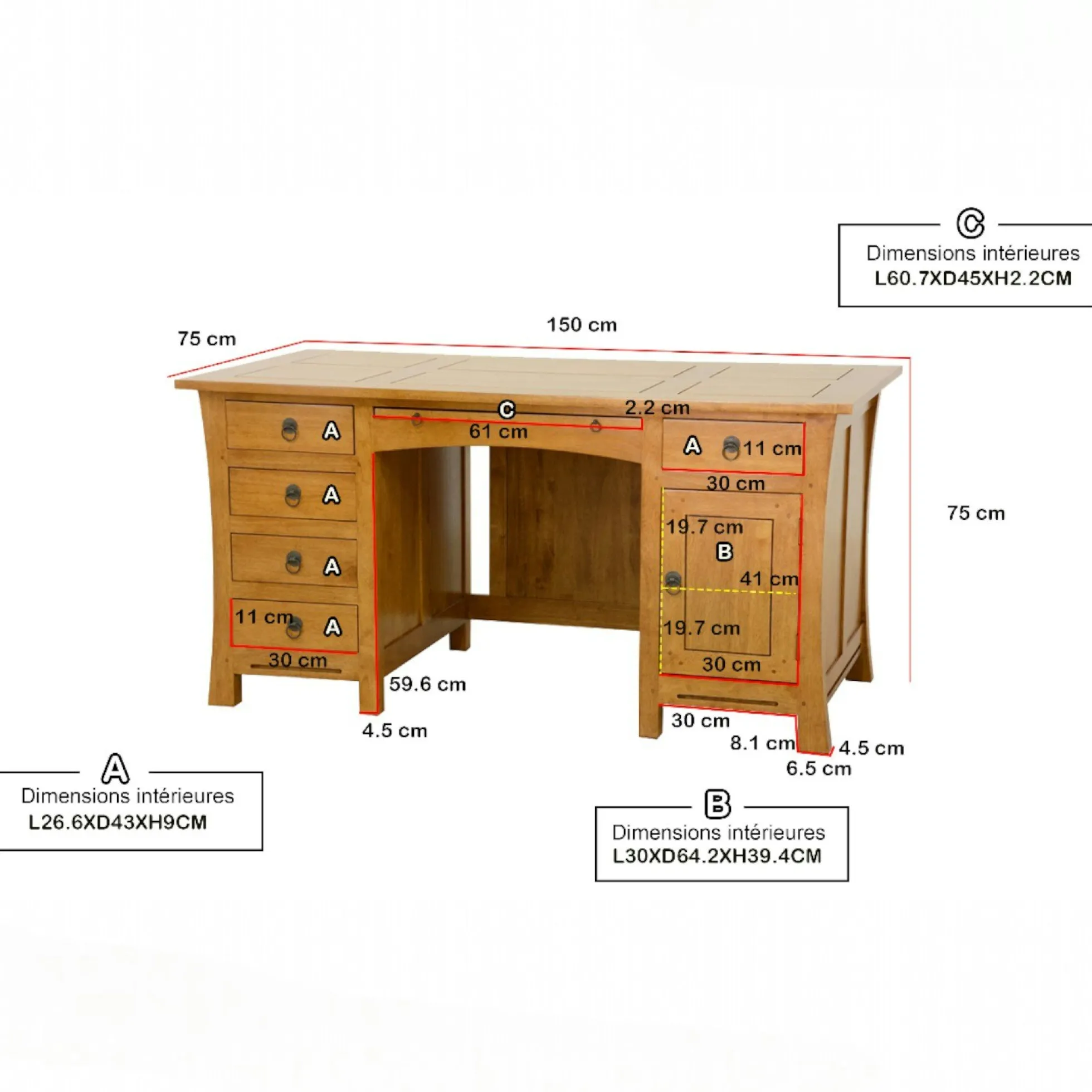 Bureau exotique hévéa massif 5 tiroirs 150cm MAORI