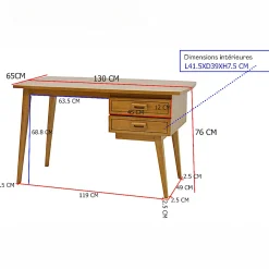 Bureau retro bois 2tiroirs hévéa 130cm SIXTIES