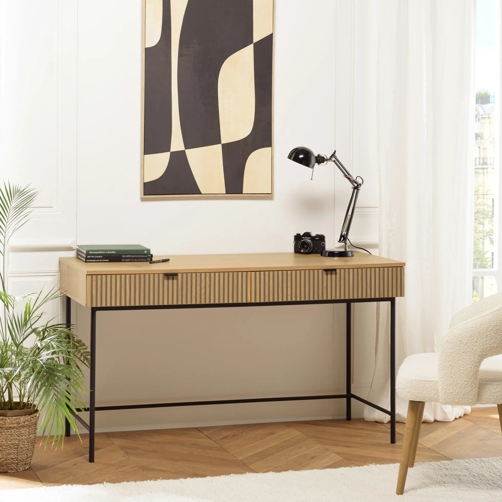 Bureau 2 tiroirs décor effet bois rainuré noir et naturel OLETTA