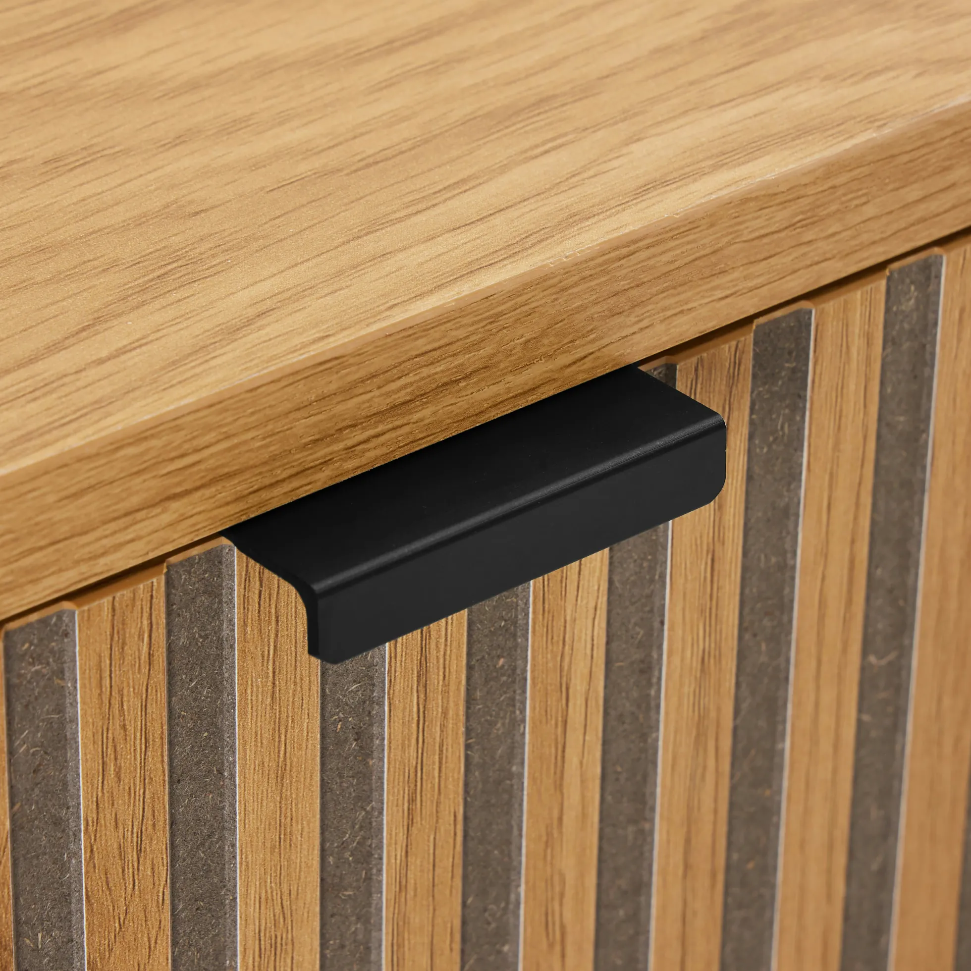 Bureau 2 tiroirs décor effet bois rainuré noir et naturel OLETTA