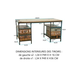 Bureau 3 tiroirs, 2 niches ouvertes en Hévéa recyclé coloré et métal 150x75x75cm LOFT COLORS