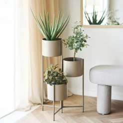 Cache-pot haut salon en métal marron, 3 contenants