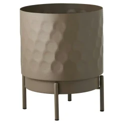 Cache-pot sur pied en métal bosselé marron